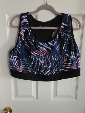 Tropical Navy Leaf Print Sports Bra with Black Band